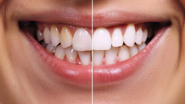Perfect smile before and after bleaching procedure whitening of zircon arch ceramic prothesis Implants crowns. Dental restoration treatment clinic patient. Result of oral surgery dentistry,