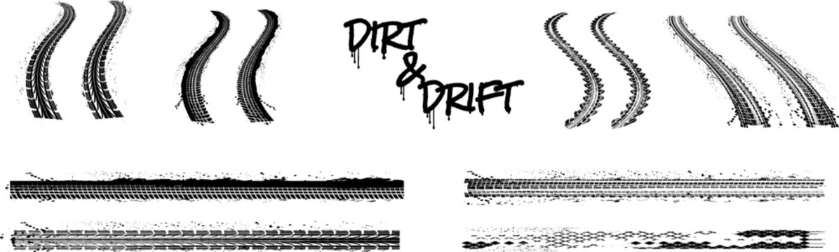 Grunge tire tracks collection. Black wheel prints, dirt splatters and drift text. Offroad vehicle marks isolated on white