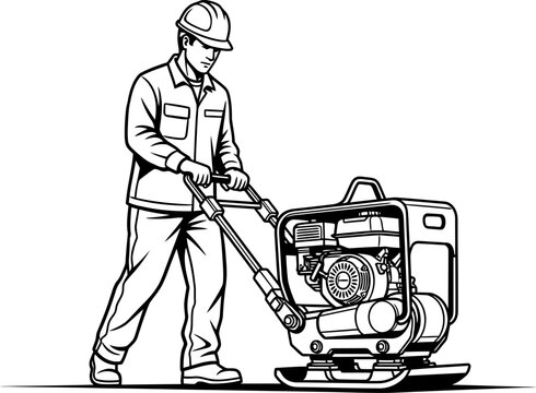 Construction worker operating plate compactor machine outline vector isolated white background design