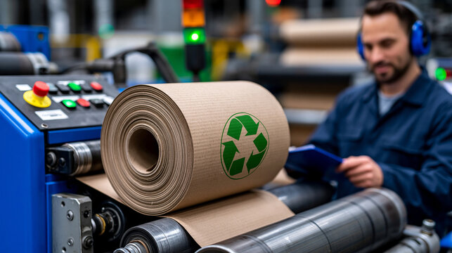Sustainable packaging corrugator machine producing fluted cardboard sheet, operator monitoring tension settings, roll of brown paper feeding through, recycled content label visible, ideal for cardbo