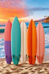 Fototapeta premium Six brightly colored surfboards standing on a sandy beach at sunset by the pier