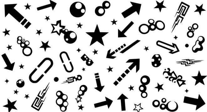 Abstract Black and White Graphic Elements: Arrows, Stars, Circles, and Shapes