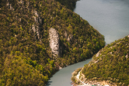 Aerial Panorama with Sculpture of Decebalus above Danube River