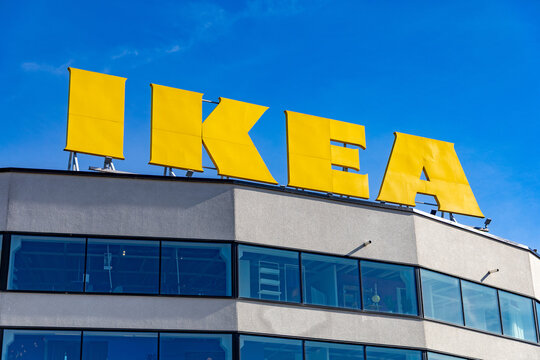 Kungens Kurva, Sweden - May 1, 2026: Close-up of the yellow IKEA sign on the roof of the Kungens Kurva store near Stockholm.