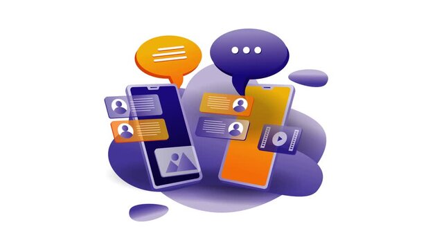 People interacting with technology devices in a modern communication setting with graphic illustrations