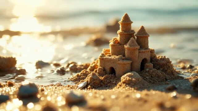 Sunlit beach sandcastle with ocean in background
