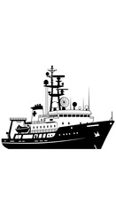 Fototapeta premium Black and white silhouette of a research vessel, scientific exploration ship, oceanographic research boat