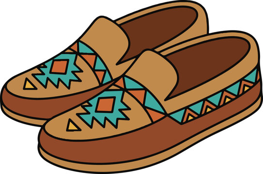 Pair of brown moccasin shoes with geometric pattern moccasins footwear slippers geometric