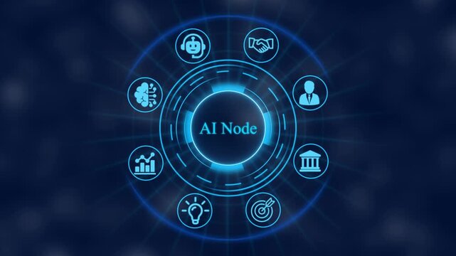Ai node digital interface with rotating business and futuristic data network technology animation artificial intelligence
