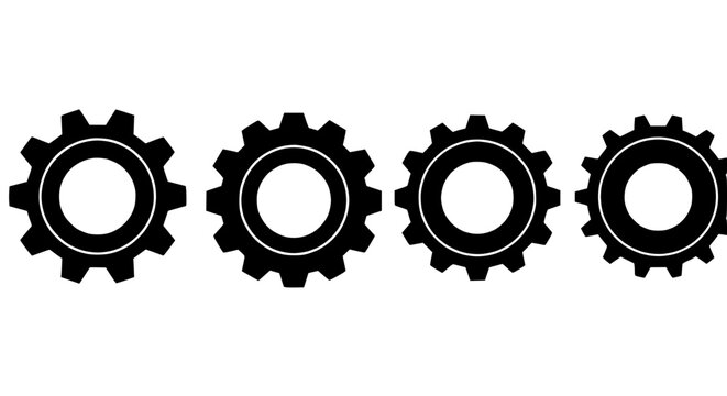 Four Black Cogwheels Arranged in a Row on White Background