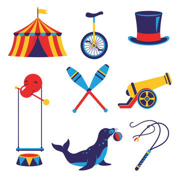 Circus Performance Elements: Tent, Unicycle, Cannon, Seal, Juggling Pins, Top Hat, Acrobat