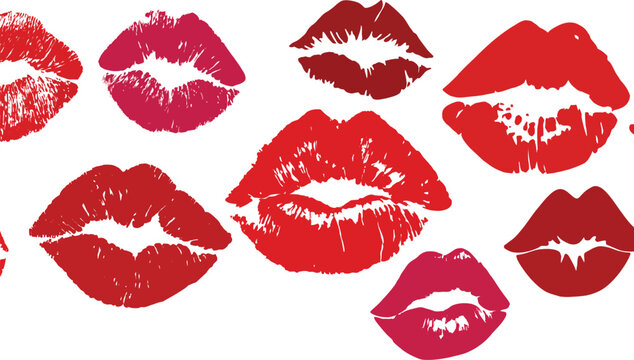 Set of red lips vector illustration with kiss marks lipstick prints and romantic beauty symbols
