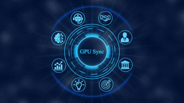 Gpu sync technology interface: digital hud with rotating business and data analytics for high-performance computing