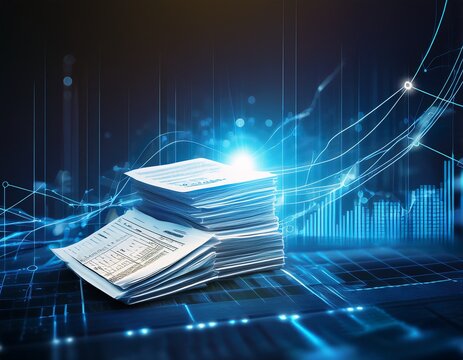 a glowing stack of tax forms and financial reports connected by digital lines to graphs and bar charts representing the flow of data in financial accounting and tax preparation