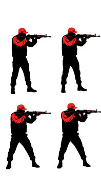 Silhouette of Soldier Aiming Rifle, Red Accents, Military Action