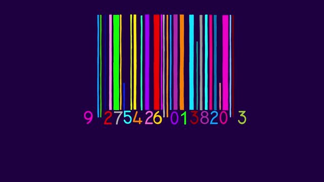 Barcode full color forming animation on dark background isolated. Colorful numbers counter and bars drawing animated. Numeral figure cartoon label animation dynamic stop motion business symbol.