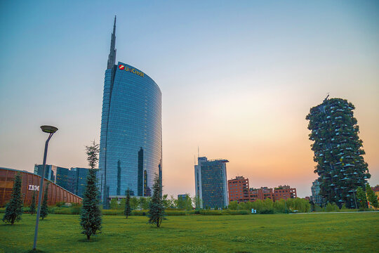 MILAN, ITALY - JUNE 28, 2019: Foundation Riccardo Catella, Unicredit tower, IBM building, Vertical Forest, Library of trees, new park and skyscrapers.