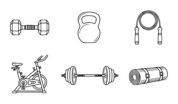 Minimalist black and white fitness and gym equipment vector illustration set clean line art outline of dumbbell kettlebell and exercise bike