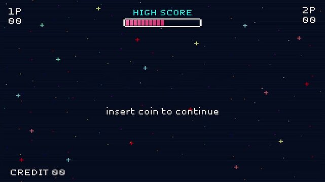 PRESS START. INSERT A COIN TO CONTINUE. pixel art 8 bit. Retro Futurism Sci-Fi Background. glowing neon grid. and stars from vintage arcade computer games