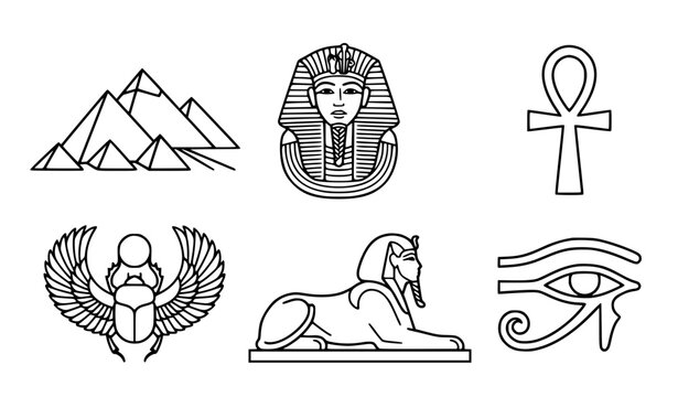 Minimalist ancient Egypt symbols vector illustration set clean black and white outline of pyramid pharaoh mask sphinx and ankh