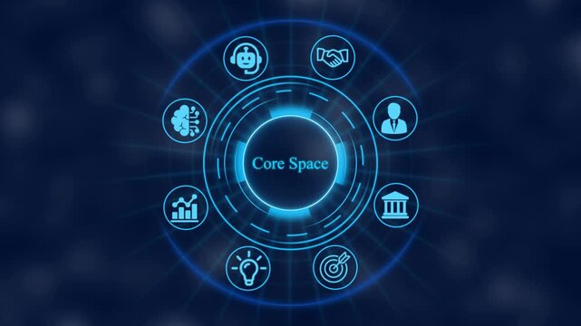 Digital core space interface with rotating business and data analytics hud for corporate technology presentations