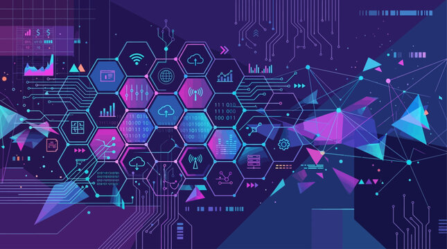 Vibrant geometric shapes and symbols form a futuristic honeycomb pattern on a dark blue circuit board background.