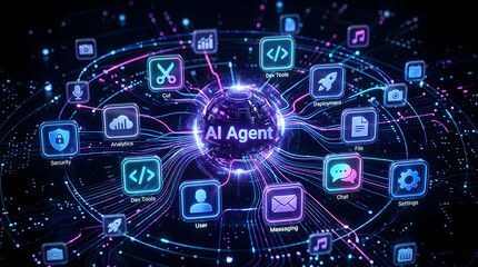 Obraz premium AI Agent Network: A glowing AI agent at the center of a vibrant digital network, surrounded by interconnected icons representing various functions and data streams.