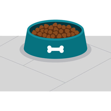 A teal dog bowl filled with brown kibble on a gray floor