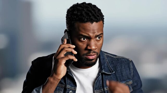 angry african american man shouting on phone call. furious young male in denim jacket arguing on his smartphone against blurred background. stress, conflict, negative emotion, bad news.