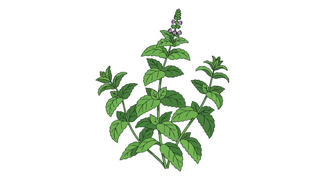 Fresh Green Mint Herb Plant with Purple Flowers Isolated on White Background Illustration