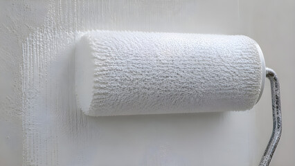 Obraz premium Extreme Close Up Of Paint Roller Applying White Primer To Textured Wall