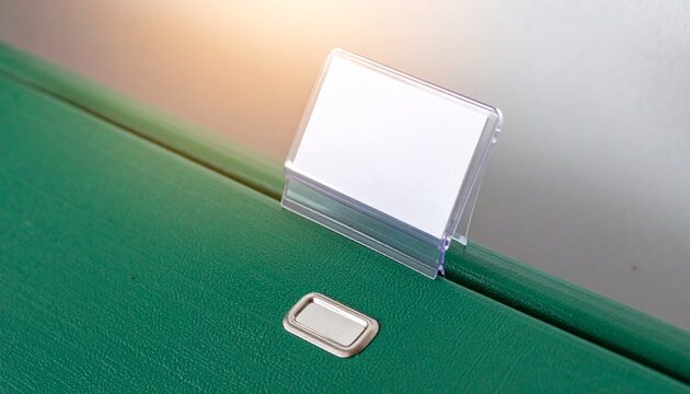 Blank White Label In Plastic Holder On Green Hanging File Folder