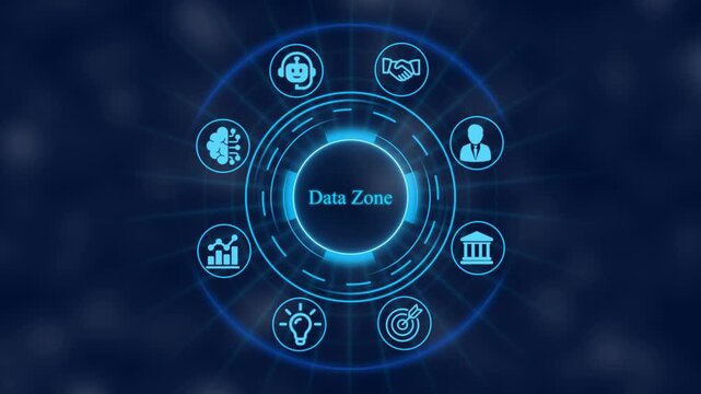 Data zone digital interface with rotating business and futuristic hud technology for corporate analytics presentation