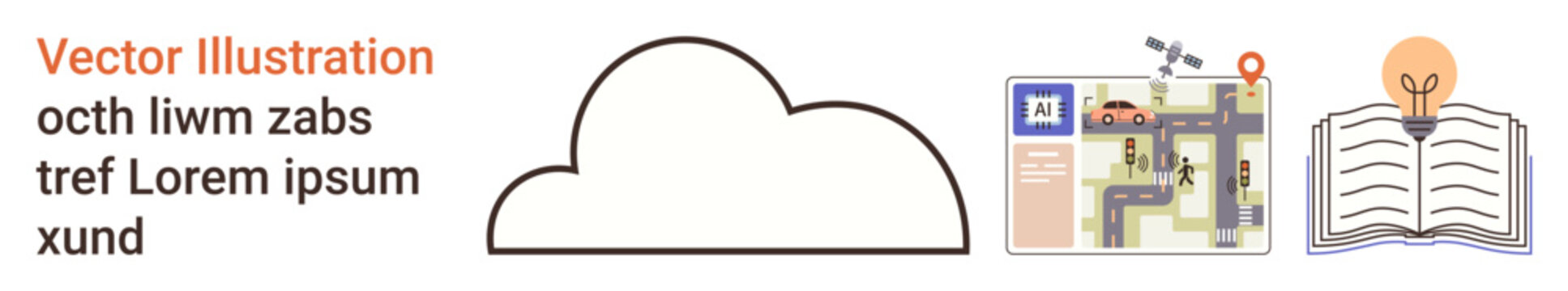 Navigation, knowledge sharing, digital mapping, cloud computing, education, innovation. Illustration of a cloud, city map and open book with lightbulb. Navigation and knowledge sharing concept