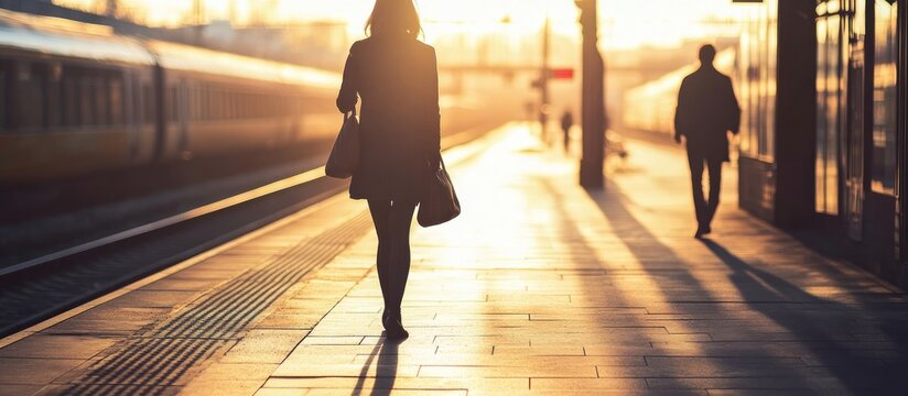 Silhouetted woman walking on a train station platform at sunset, with a blurred train and long shadows.