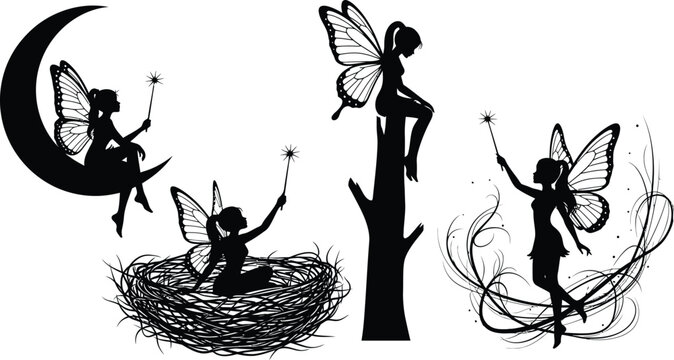Enchanting fairies in a mystical forest scene with moon and nature elements