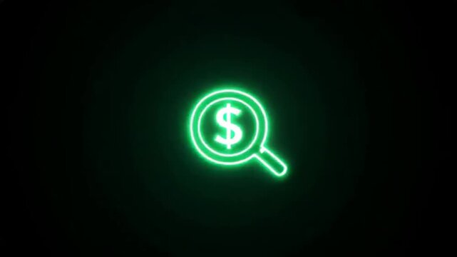 Glowing Neon Dollar Search Icon Animation | Finance Money Symbol on Dark Background