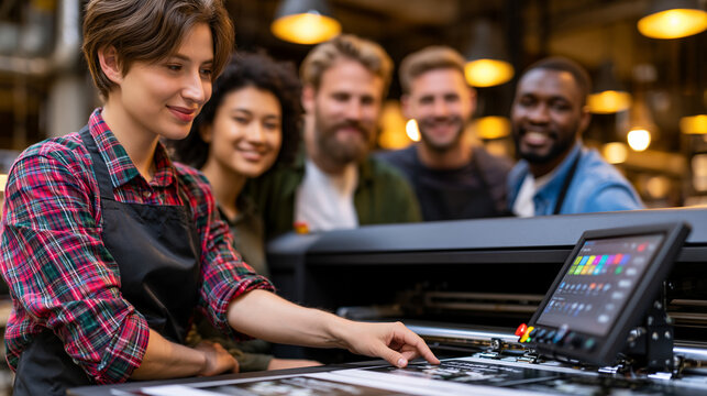 Diverse team surrounding a UV flatbed printer producing a run of biodegradable packaging panels, one technician adjusting ink density settings on a touchscreen, warm indoor lighting overhead, ideal 