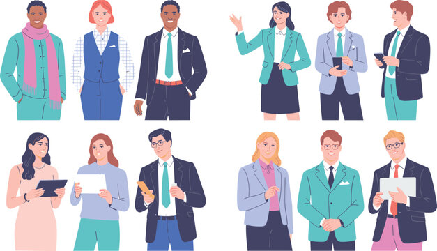 Diverse group of corporate business professional characters standing together in modern flat vector illustration graphic style