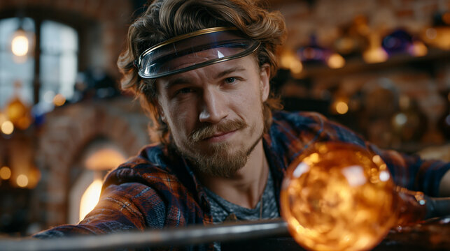 Glass blower shaping molten orange globe on steel pipe, cheeks puffed, face shielded by heat visor, brick furnace glowing behind, workshop walls hung with finished vessels, perfect for artisan craft