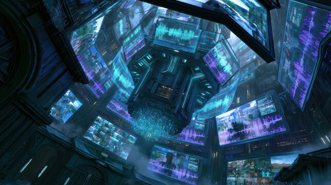 Massive AI server node in a dark hub projecting 360-degree holographic video and audio feeds. Cinematic noir style with light pulses, volumetric fog, and rain-streaked textures.