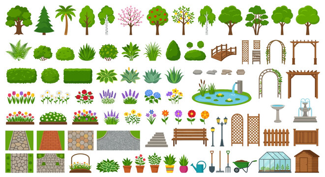 Garden and landscape elements vector illustration set on white background