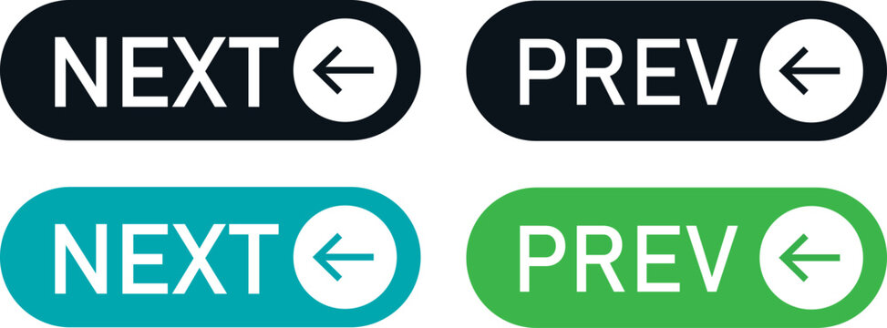 next and previous button icon set, featuring professional vector symbols.High-quality directional arrow signs and button collection, versatile vector graphics 

