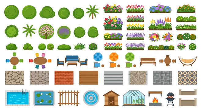 Top view garden and outdoor elements vector illustration set