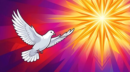 Fototapeta premium white dove flying into golden sunset with radiant light rays symbolizing peace and hope