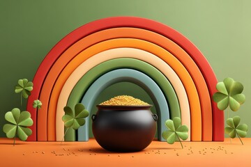 Naklejka premium Pot of gold at the end of a rainbow with shamrocks and colorful arches for St. Patrick's celebration