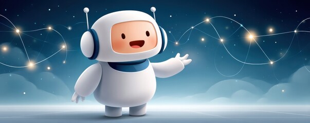 Fototapeta premium Friendly blue chatbot robot mascot with network connections and smiling AI assistant