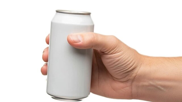 Hand holding a white beverage soda aluminum can isolated on white background