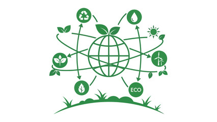 Eco-Friendly World: A visually striking representation of a verdant world, interconnected by symbols of sustainability and environmental consciousness. © Maira