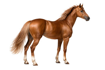 Fototapeta premium Chestnut horse standing sideways on png isolated transparent black background with flowing mane